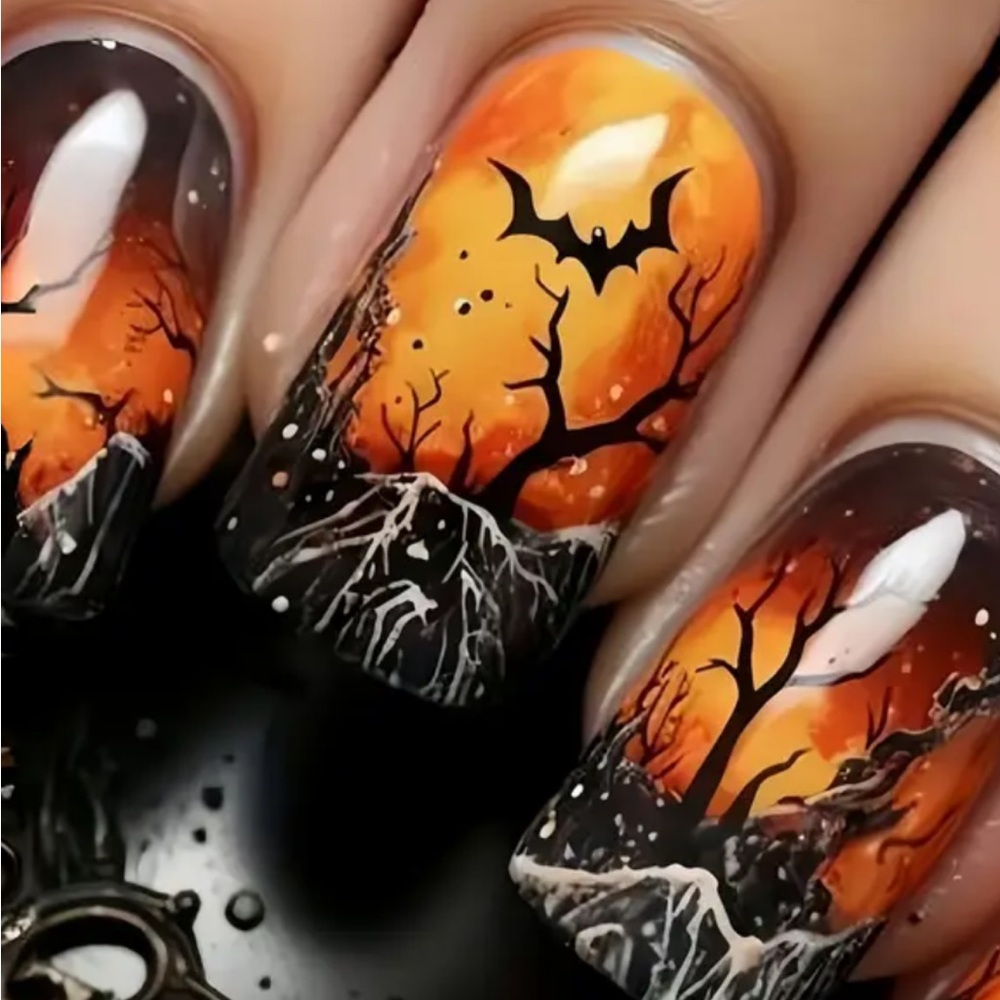 Halloween Nail Art with Bat and Tree Design press on nails